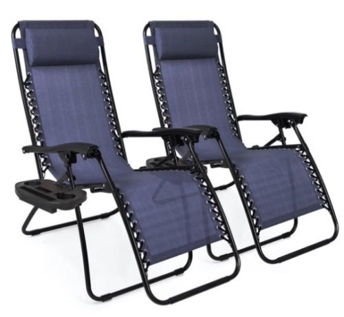 Set of 2 Adjustable Zero Gravity Patio Chair Recliners w/ Cup Holders, Blue - Lot 287