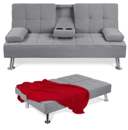 Linen Upholstered Convertible Sofa Bed Futon w/ 2 Cupholders, Gray - Lot 290
