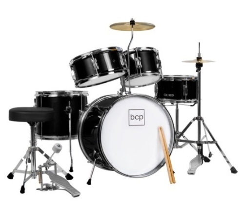 Kids Beginner All Wood Acoustic Drum Kit Starter Set w/ Stool, Drumsticks, Black - Lot 96