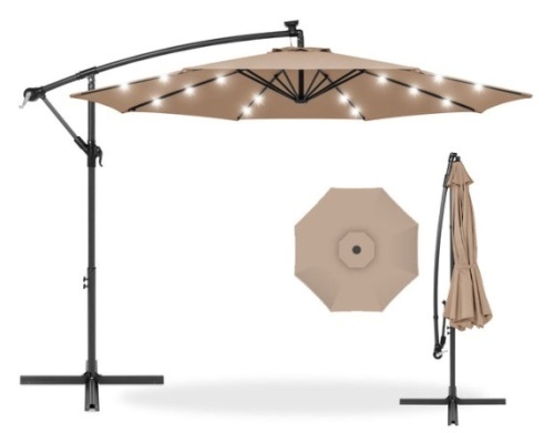 Solar LED Offset Hanging Patio Umbrella w/ Crank Tilt Adjustment - 10ft, Tan - Lot 312