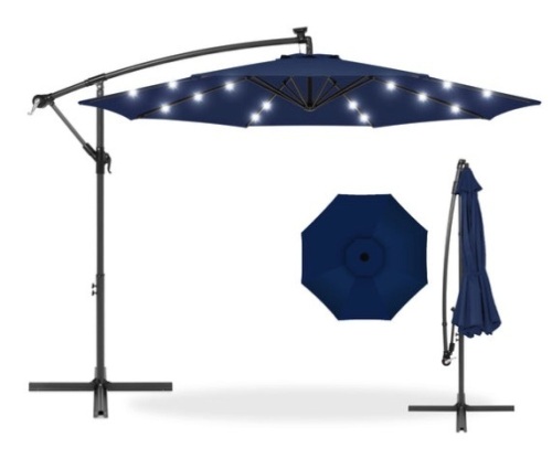 Solar LED Offset Hanging Patio Umbrella w/ Crank Tilt Adjustment - 10ft, Navy Blue - Lot 313
