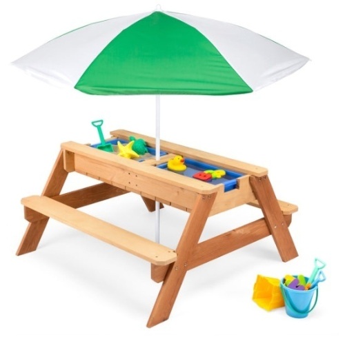 3-in-1 Kids Sand & Water Table Outdoor Wood Picnic Table w/ Umbrella, Green - Lot 314