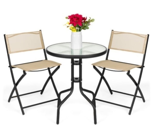3-Piece Bistro Set w/ Glass Table, 2 Foldable Chairs, Beige - Lot 400