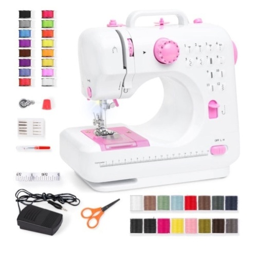 6V Portable Foot Pedal Sewing Machine w/ 12 Stitch Patterns, Pink/White - Lot 402
