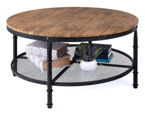 2-Tier Round Industrial Wood & Steel Coffee Table, Storage Shelves - 35.5in, Brown - Lot 406