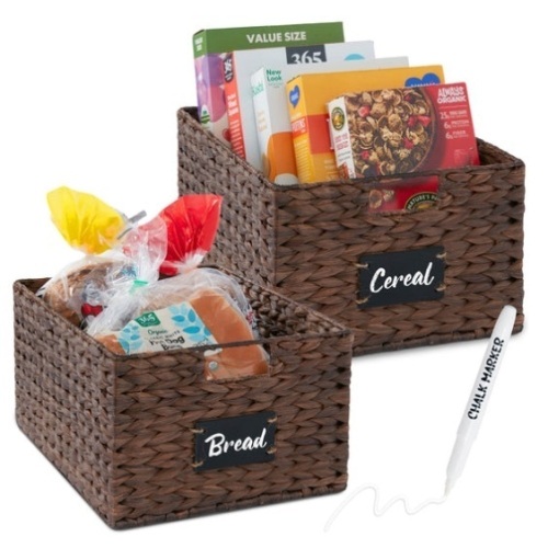 Set of 2 Water Hyancinth Pantry Baskets w/ Chalkboard, Marker - 16in, Brown - Lot 408