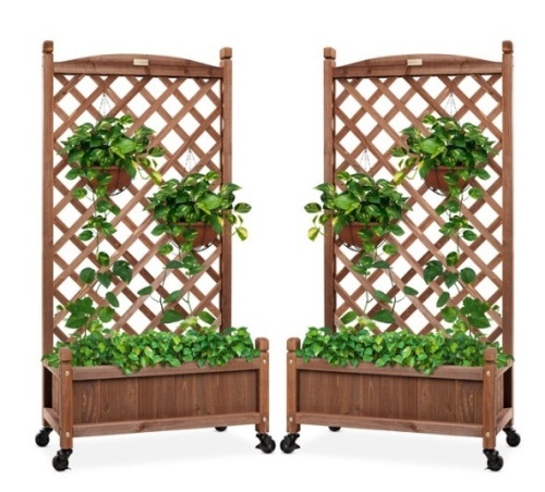 Set of 2 Wood Planter Box & Lattice Trellis w/ Optional Wheels - 48in - Lot 416