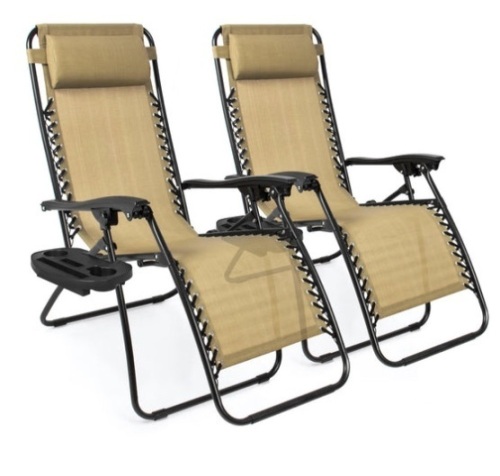 Set of 2 Adjustable Zero Gravity Patio Chair Recliners w/ Cup Holders, Beige - Lot 418