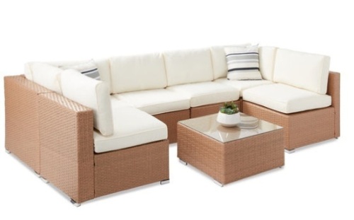 7-Piece Modular Wicker Sectional Conversation Set w/ 2 Pillows, Cover, Natural/Ivory - Lot 430