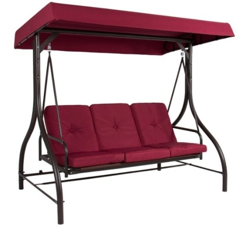 3-Seat Outdoor Canopy Swing Glider Furniture w/ Converting Flatbed Backrest, Burgundy - Lot 432