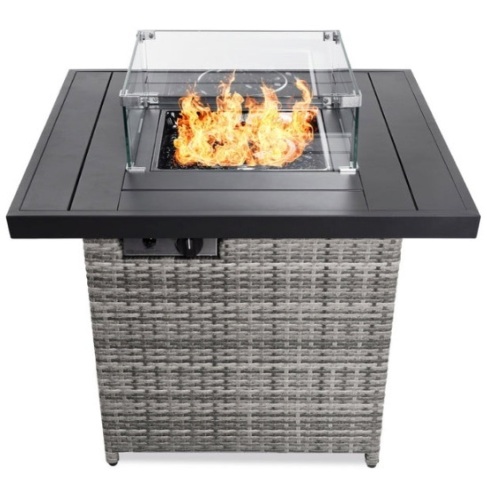 32in Fire Pit Table 50,000 BTU Wicker Propane w/ Wind Guard, Cover, Ash Gray - Lot 427