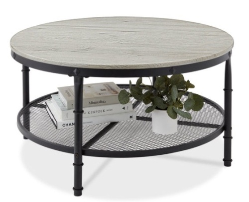 2-Tier Round Industrial Wood & Steel Coffee Table, Storage Shelves - 35.5in, Gray - Lot 438