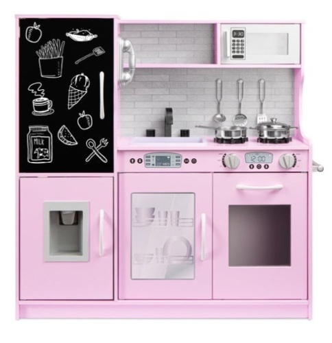 Pretend Play Kitchen Wooden Toy Set for Kids with 11 Accessories, Pink - Lot 440