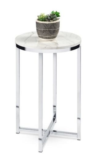 Round Coffee Side Table w/ Faux Marble Top, Metal Frame - 16in, White/Chrome - Lot 441