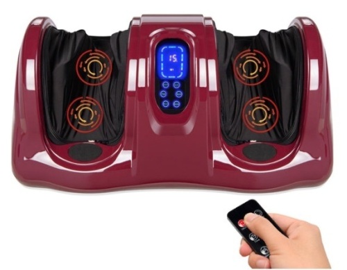 Therapeutic Foot Massager w/ High Intensity Rollers, Remote, 3 Modes, Burgundy - Lot 444