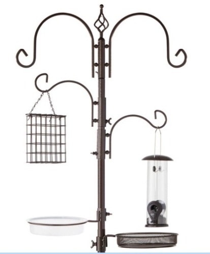 4-Hook Bird Feeding Station, Steel Feeder Stand w/ 2 Bird Feeders - 91in, Bronze - Lot 452