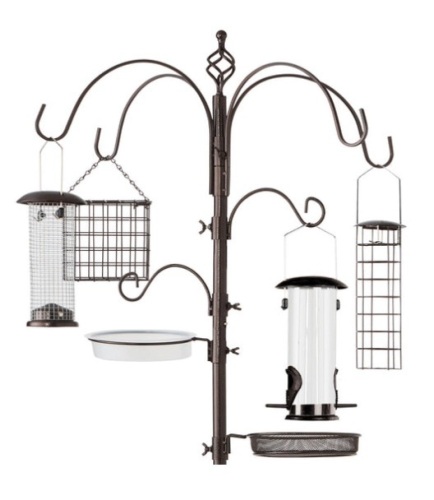 Bird Feeding Station, 6-Hook Steel Multi-Feeder Stand w/ 4 Feeders - 89in, Bronze - Lot 453