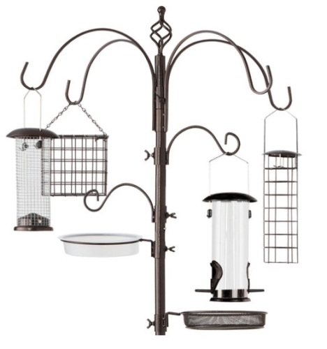 Bird Feeding Station, 6-Hook Steel Multi-Feeder Stand w/ 4 Feeders - 89in, Bronze - Lot 454