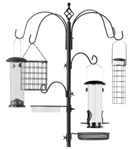 Bird Feeding Station, 6-Hook Steel Multi-Feeder Stand w/ 4 Feeders - 89in, Black - Lot 456