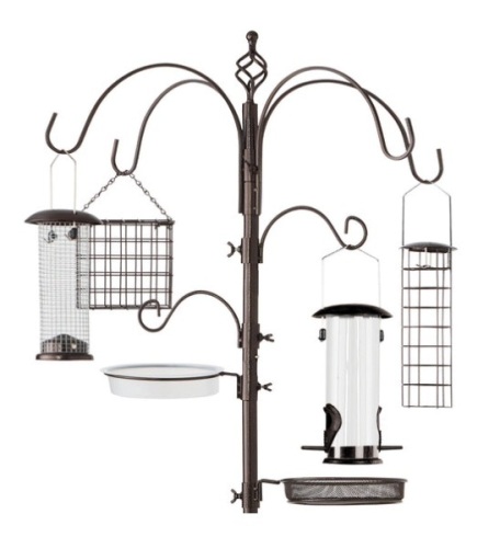Bird Feeding Station, 6-Hook Steel Multi-Feeder Stand w/ 4 Feeders - 89in, Bronze - Lot 457