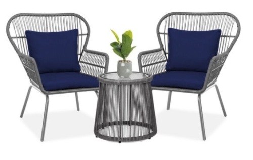 3-Piece Patio Wicker Conversation Bistro Set w/ 2 Chairs, Glass Top Table, Gray/Navy - Lot 459