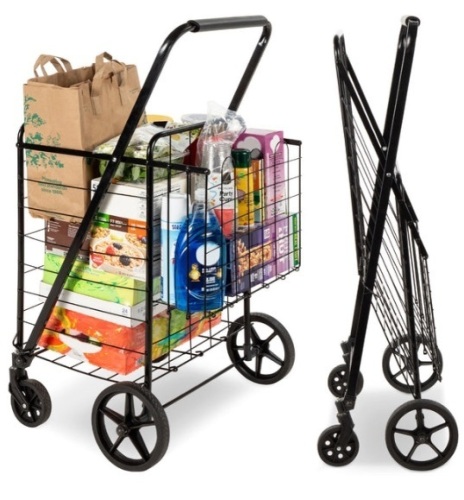 Folding Steel Grocery Cart w/ Double Basket, Swivel Wheels, 220lb Cap - Lot 465