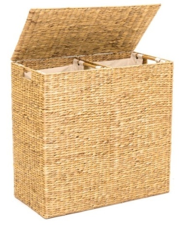 Extra Large Water Hyacinth Double Laundry Hamper Basket w/ 2 Liner Bags, Brown - Lot 470