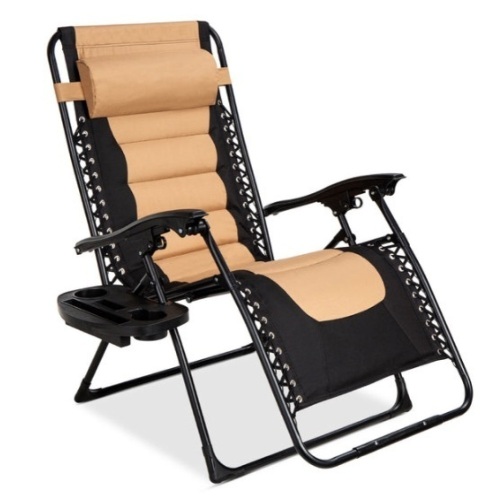 Oversized Padded Zero Gravity Chair, Folding Recliner w/ Headrest, Side Tray, Tan/Black - Lot 472