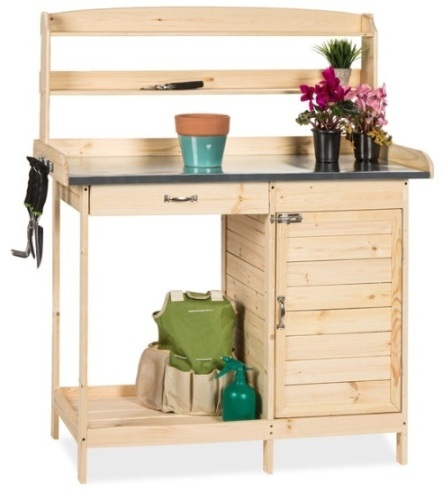 Garden Wooden Potting Bench w/ Metal Table Top - Natural - Lot 474