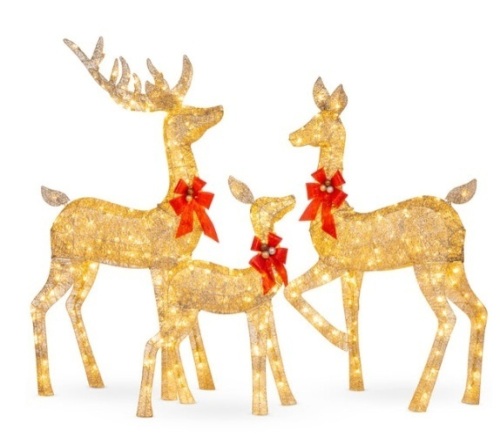 3-Piece Lighted Christmas Deer Set Outdoor Decor with LED Lights, Gold - Lot 475