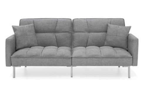 Convertible Linen Tufted Futon w/ 2 Plush Pillows, Split-Back Design, Dark Gray - Lot 334