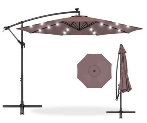 Solar LED Offset Hanging Patio Umbrella w/ Crank Tilt Adjustment - 10ft, Deep Taupe - Lot 340
