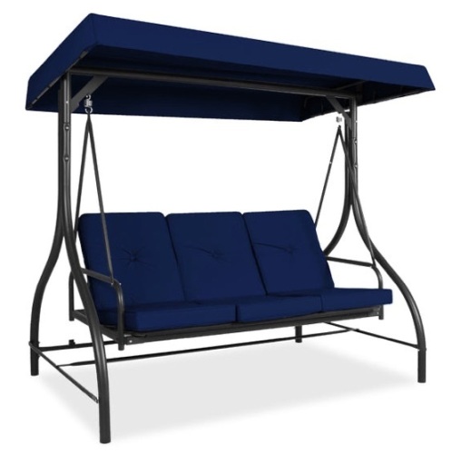3-Seat Outdoor Canopy Swing Glider Furniture w/ Converting Flatbed Backrest, Navy - Lot 342