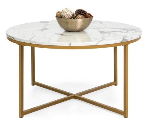 Round Coffee Table w/ Faux Marble Top, Metal Frame - 36in, Gold - Lot 344