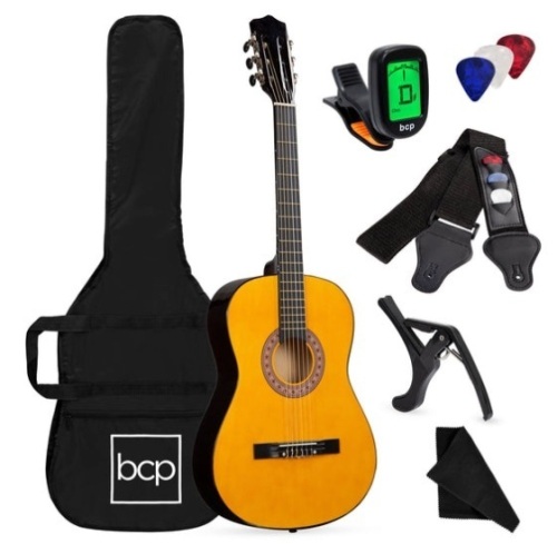 Beginner Acoustic Guitar Set w/ Case, Strap, Digital Tuner, Strings - 38in, Natural - Lot 346