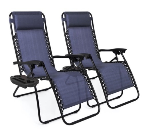 Set of 2 Adjustable Zero Gravity Patio Chair Recliners w/ Cup Holders, Blue - Lot 347