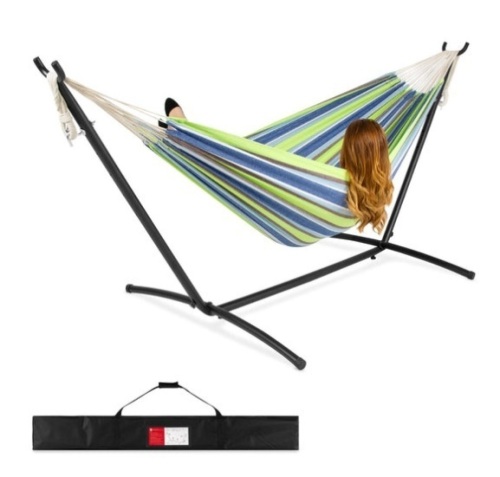 2-Person Brazilian-Style Double Hammock w/ Carrying Bag and Steel Stand, Blue Green Stripe - Lot 352