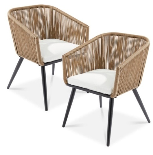 Set of 2 Indoor Outdoor Woven Wicker Patio Dining Chairs, 250lb Capacity, Natural/Ivory - Lot 353