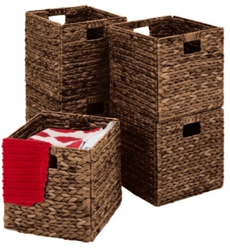Set of 5 Collapsible Hyacinth Storage Baskets w/ Inserts - 12x12in, Espresso - Lot 355