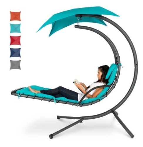 Hanging Curved Chaise Lounge Chair w/ Built-In Pillow, Removable Canopy, Blue - Lot 357