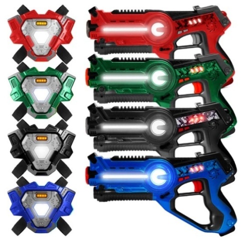 Set of 4 Infrared Laser Tag Guns and Vests for Kids & Adults, Red/Blue/Black/Green - Lot 358