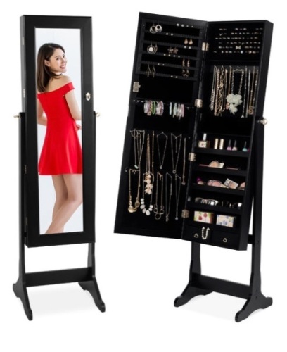 Full Length Standing Jewelry Mirror Armoire w/ Velvet Interior, Black - Lot 362