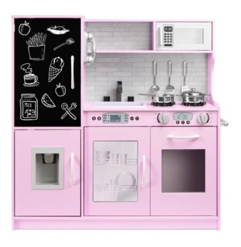 Pretend Play Kitchen Wooden Toy Set for Kids with 11 Accessories, Pink - Lot 369