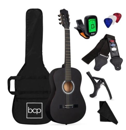 Beginner Acoustic Guitar Set w/ Case, Strap, Digital Tuner, Strings - 38in, Black - Lot 477