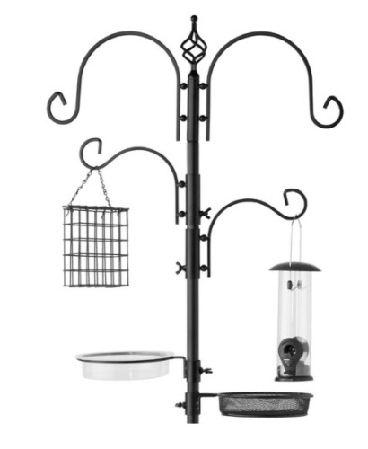 4-Hook Bird Feeding Station, Steel Feeder Stand w/ 2 Bird Feeders - 91in, Black - Lot 479