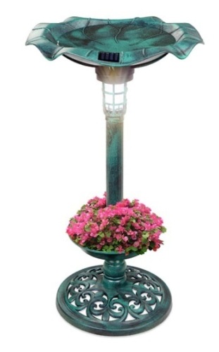 Solar Lighted Bird Bath w/ Planter, Green - Lot 480