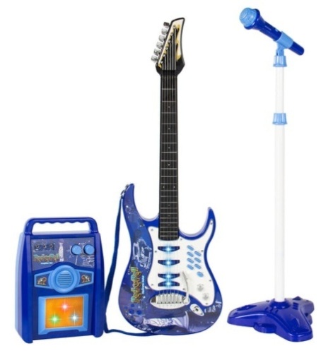 Kids Electric Guitar Toy Play Set w/ 6 Songs, Microphone, Amp, Blue - Lot 484