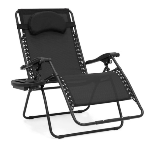Oversized Reclining Zero Gravity Chair Lounger w/ Cup Holder, Pillow, Black - Lot 485