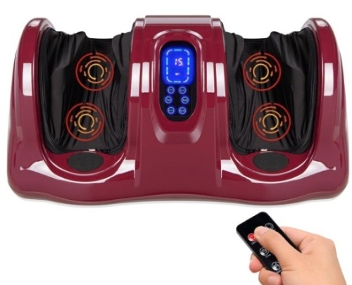 Therapeutic Foot Massager w/ High Intensity Rollers, Remote, 3 Modes, Burgundy - Lot 489