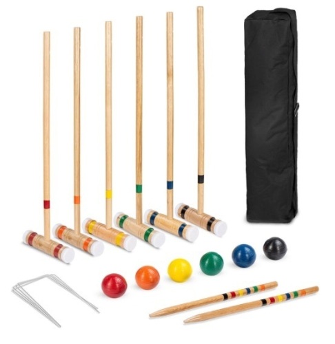 6-Player Wood Croquet Set w/ 6 Mallets, 6 Balls, Wickets, Stakes, Bag - 32in - Lot 491